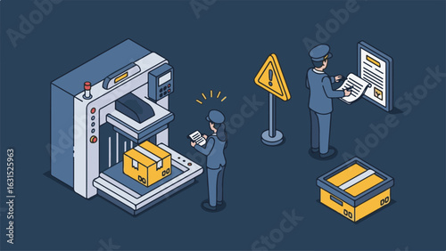 Isometric illustration of customs officers inspecting packages with an X-ray scanner.