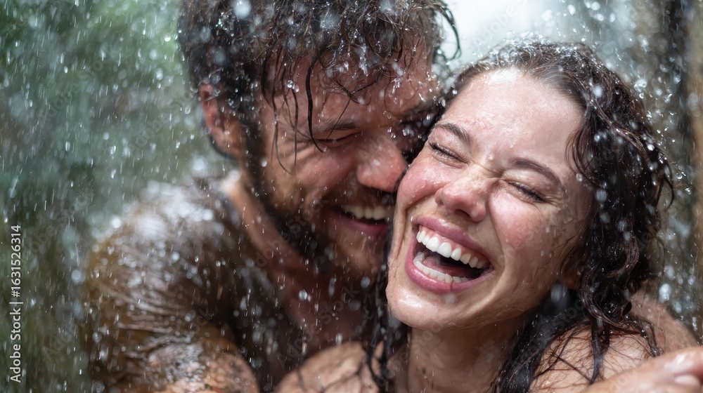Obraz premium An exuberant couple sharing a joyful moment as they embrace under a cascade of fresh water, symbolizing love, happiness, and the thrill of enjoying life's simple pleasures.