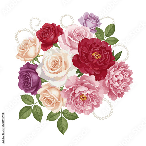 Elegant floral arrangement featuring roses and peonies with pearl accents on a white background creating a romantic aesthetic