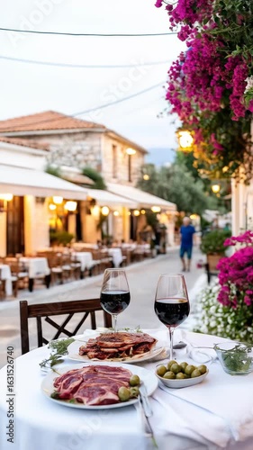 Enjoying authentic Greek cuisine with red wine and olives on a charming street in Greece, creating a perfect moment of culinary tourism and cultural immersion.