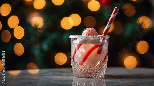 Festive christmas cocktail with candy cane straw and holiday lights in the background bokeh effect