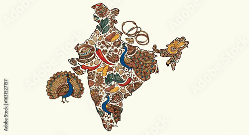 Artistic representation of India's map filled with cultural elements, including food and peacocks.