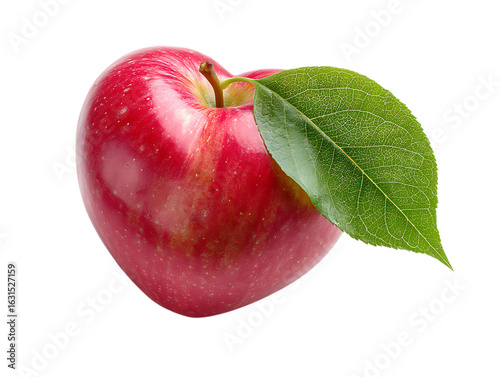 heart shaped red apple with green leaf