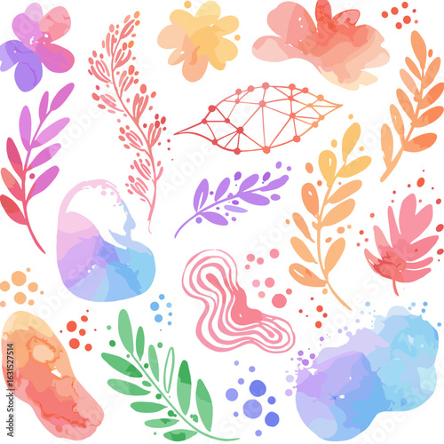Watercolor botanical illustration with colorful leaves, flowers, and abstract shapes on a white background