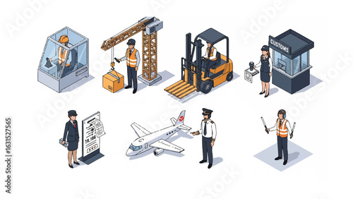Isometric vector illustration set of airport and logistics staff with equipment like a crane and forklift.