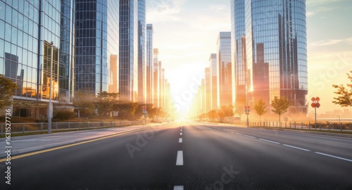 Sun-Drenched City Street Lined with Modern Glass Skyscrapers at Sunrise