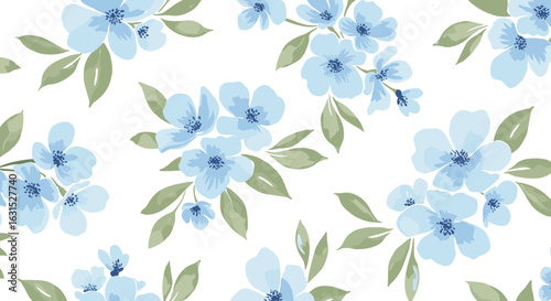 Delicate blue floral pattern with light green leaves on a white background creating a serene and elegant design
