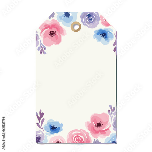 Watercolor floral tag illustration with pink, blue, and purple flowers arrangement on a cream background for labels and cards