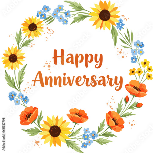 Floral wreath with sunflowers, poppies, forget-me-nots and leaves for a happy anniversary celebration decoration