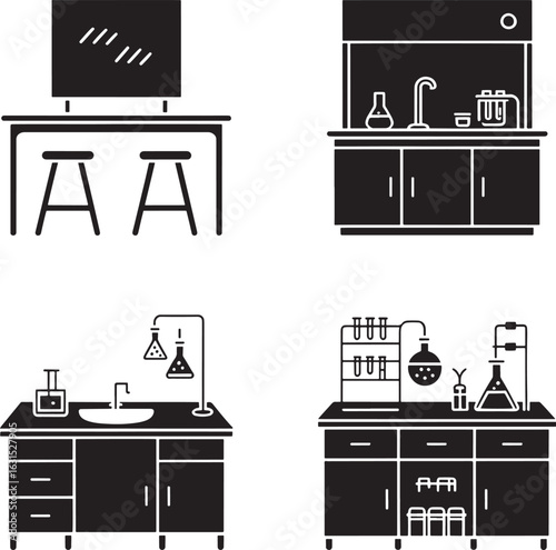 Four distinct black and white silhouette illustrations of scientific laboratory workstations and a modern counter with stools silhouette