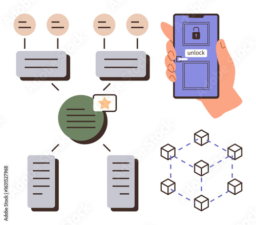 Smartphone with lock interface, blockchain nodes, hierarchical data flow chart. Ideal for blockchain, data security, decentralized systems, app authentication, technology, network management simple