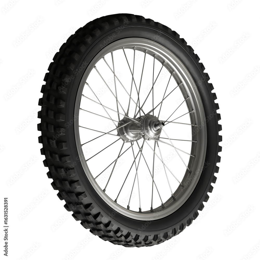 Naklejka premium Detailed Shot of a Wheel with Silver Spokes and a Knobby Tire Against a Black Backdrop