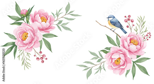 Watercolor illustration featuring pink peonies with green leaves accompanied by a bluebird perched on a branch