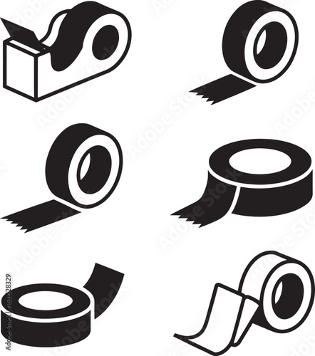Collection of six adhesive tape rolls and dispensers in a clean black and white silhouette style representing office and craft supplies