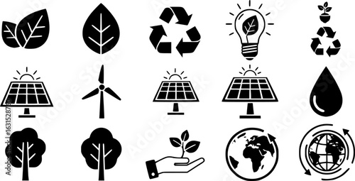 eco icons, vector illustration, simple style, isolated on white background, ecological concept, environment friendly, sustainable development