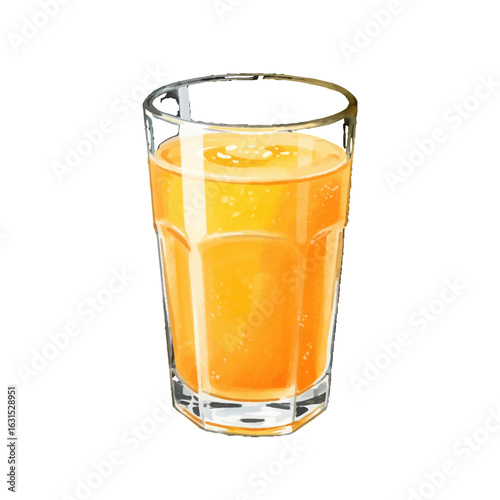 Refreshing glass of orange juice illustration, close-up view, vibrant colors and bubbles, showcasing freshness and vitality, ideal for health and wellness themes