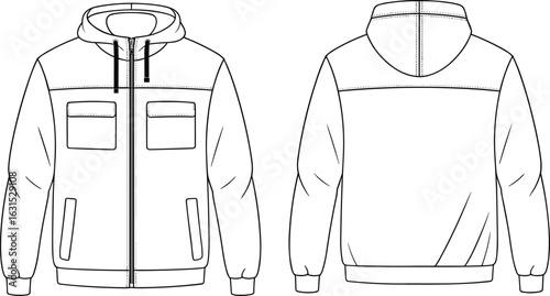 Hooded jacket technical sketch, front and back view, drawstring hood, zipper closure, flap chest pockets, yoke detail, fashion flat drawing, apparel template, vector outline.