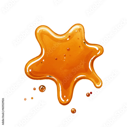 Watercolor illustration of golden honey splash in a star shape with dripping drops, creating a sweet and appetizing visual, perfect for culinary designs