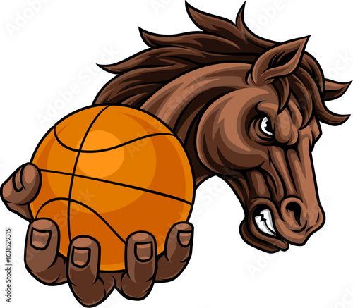 Horse mustang bronco stallion basketball angry sports team mascot holding a ball.