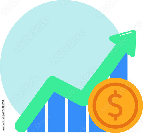 Green arrow pointing upwards next to blue bars and a gold coin, representing financial growth and success in a modern, minimalist style.