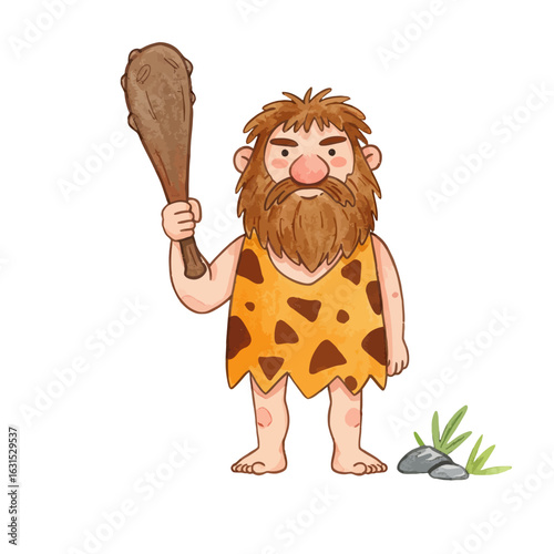 Cartoon caveman holding club illustration with orange spotted tunic, standing on ground with rocks and grass, isolated on white