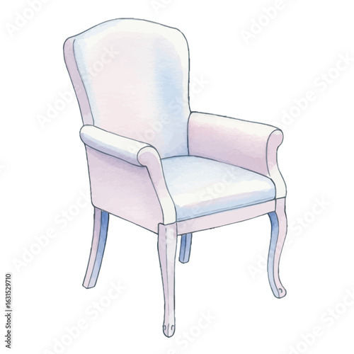 Elegant watercolor armchair illustration with soft pastel hues and curved wooden legs, perfect for home decor and interior design themes, showcasing comfort and style