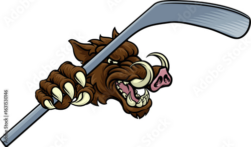 A wild boar, hog razorback warthog pig hockey sports cartoon mascot
