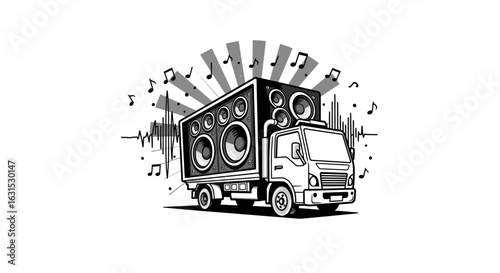 Concept illustration of a powerful audio truck delivering music, with massive speakers and sound waves. Monochrome design for events.