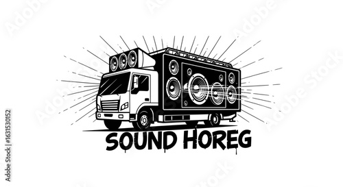 Mobile sound system concept with a truck carrying a massive wall of speakers. Vector line art of a party vehicle blasting loud music notes.