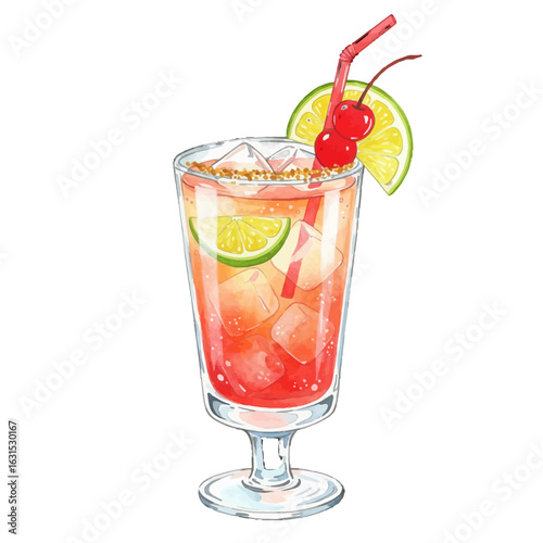 Refreshing cocktail illustration with ice cubes, lime, cherries, and straw in a tall glass for summer vibes and tropical refreshment