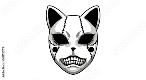 Monochrome illustration of a mythical feline beast mask. A conceptual design of a fierce spirit with stitches and bared teeth.