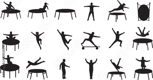 Silhouette collection of people jumping and posing on trampolines and a skateboard action