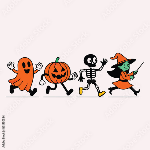 Cartoon ghost pumpkin skeleton and witch running together halloween