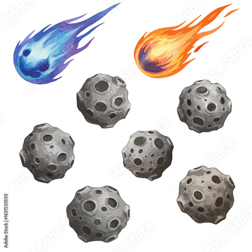 Watercolor Asteroids and Meteors Illustration Featuring Space Rocks with Craters and Fiery Tails for Cosmic and Celestial Designs