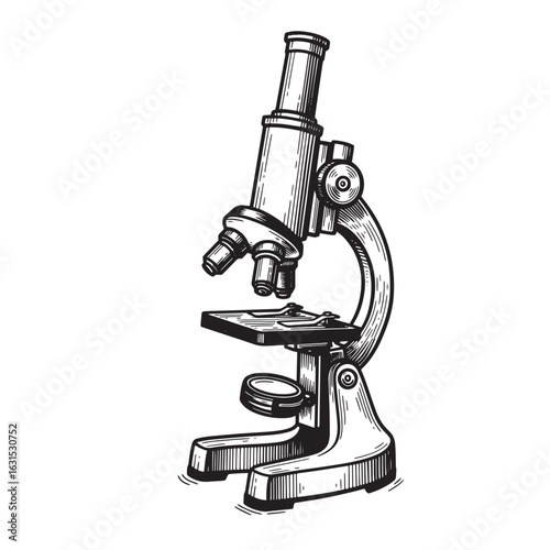 Detailed hand drawn vintage microscope illustration in black and white for science education