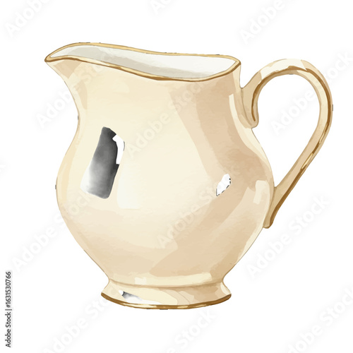 Elegant Cream-Colored Pitcher with Gold Trim Featuring a Watercolor Effect in a Classic Design Style for Serving Liquids