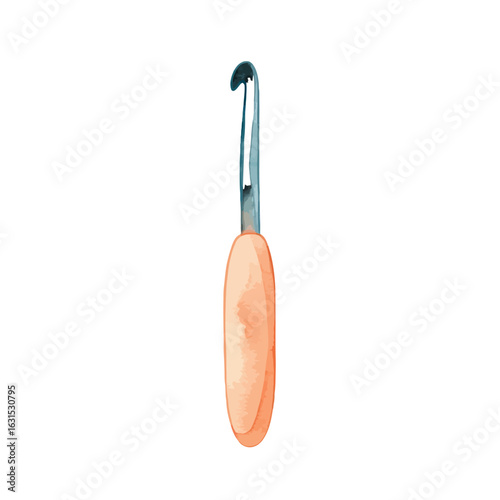Watercolor illustration of a crochet hook with a peach-colored handle, isolated on a white background, providing a crafting visual for creative projects