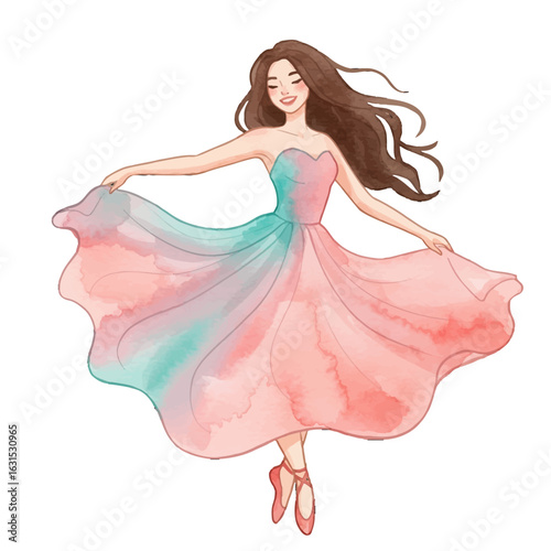Graceful ballerina in watercolor style twirls in a flowing ombre dress with a smile, exuding joy and elegance on a white backdrop