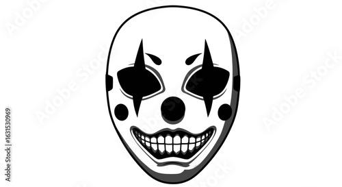 Mysterious horned monkey mask illustration in a stark black and white style. A simian demon face inspired by mythological folklore.