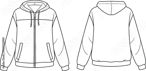 Hooded jacket technical sketch, front and back view, zipper closure, drawstring hood, two pocket design, fashion flat drawing, garment template, apparel outline, vector.