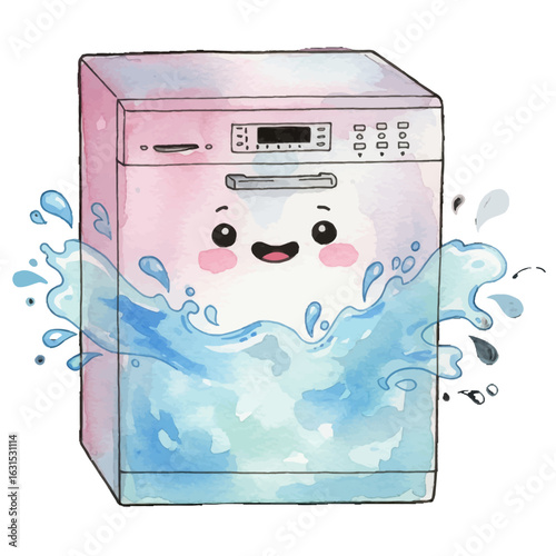 Playful Watercolor Dishwasher Illustration with Bubbles and a Cheerful Face, Depicting Cleanliness and Home Appliances