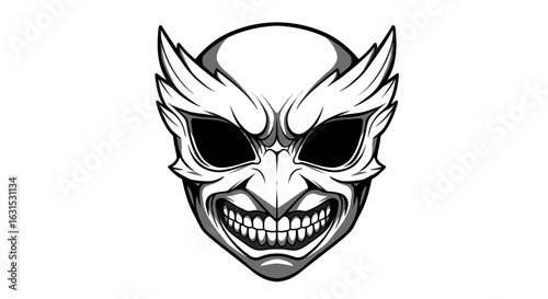 Stylized demonic mask with winged eyes and a sinister grin. Vector illustration.
