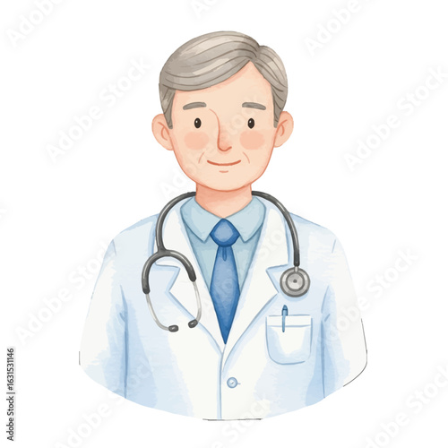 Watercolor illustration of a mature male doctor with stethoscope and lab coat, exuding professionalism and trustworthy medical expertise