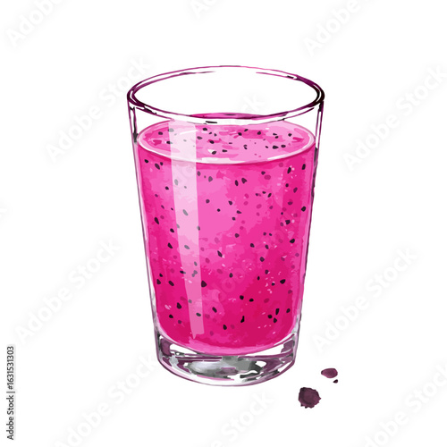 Refreshing pink dragon fruit smoothie in a glass with watercolor illustration for a healthy drink concept, perfect for summer vibes and nutrition