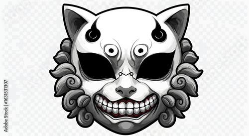 A fierce Japanese folklore demon cat mask with a menacing grin and horns, vector illustration.
