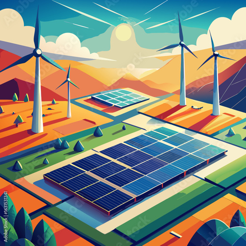 Solar panels and wind turbines placed in vibrant mountain landscape at sunrise, symbolizing clean energy and future sustainability.
