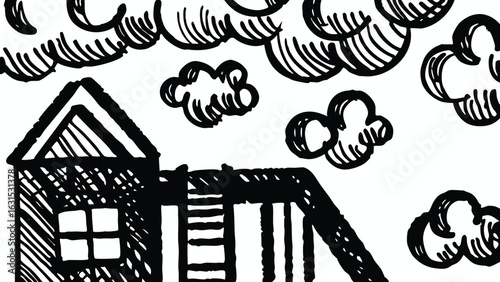 Illustration of a house with a ladder and clouds in the sky in a black and white drawing style