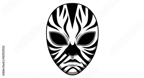 Stylized illustration of a tribal mask with a bold black and white zebra stripe pattern