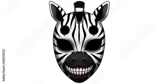 Stylized graphic illustration of a spooky zebra mask with a sinister toothy grin.