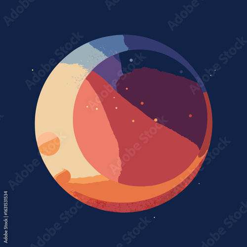 Stylized abstract planet in bold red and blue tones with orbital patterns against deep space background, evoking cosmic mystery and galactic imagination.
